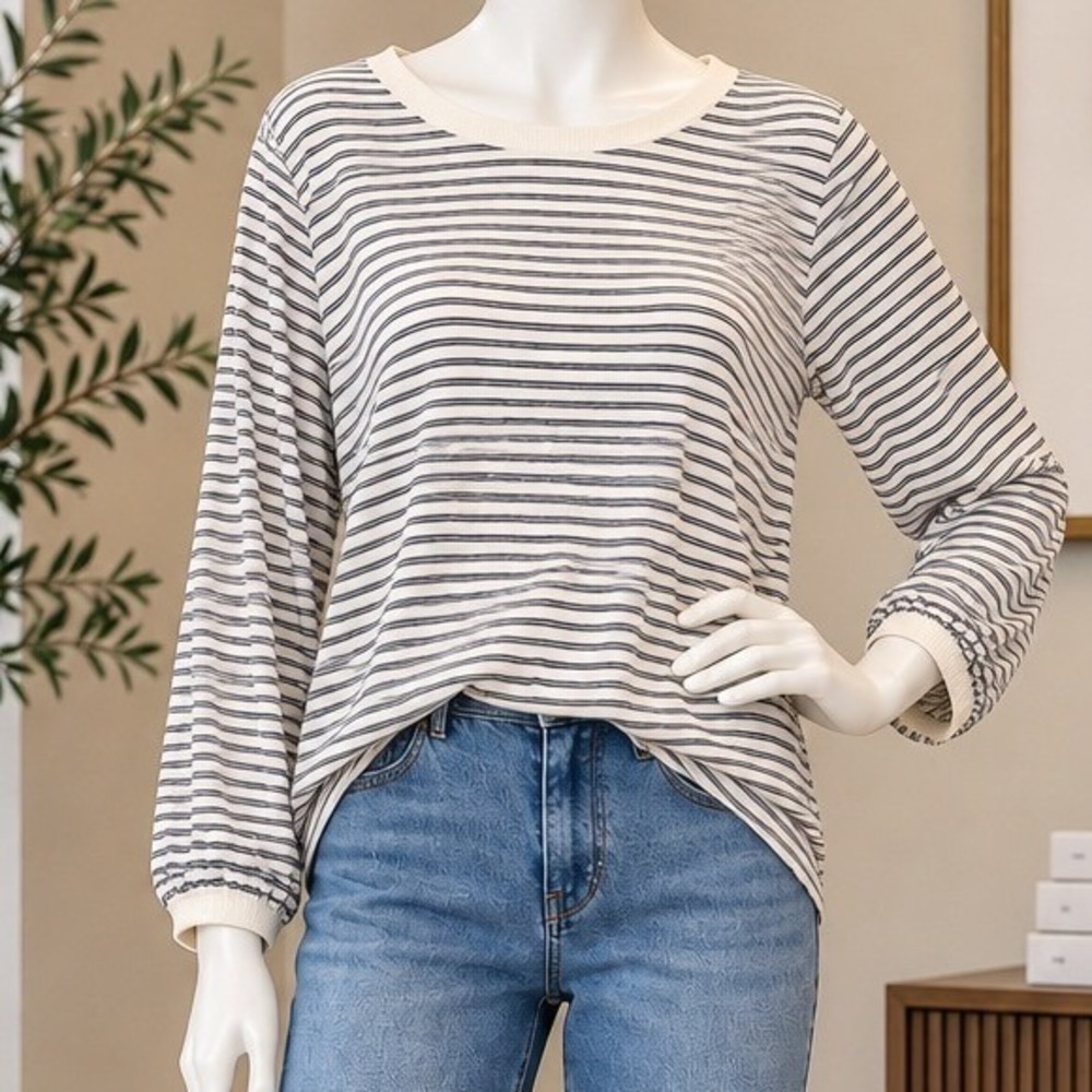 LOFT Womens Blouse Striped Keyhole Back Long Sleeve White Blue XXL